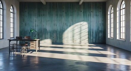 Sunlit Workspace Modern Interior Design with Desk and Green Wall in Minimalist Style