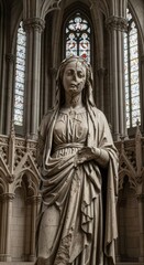 Obraz premium Ancient stone statue evocative of devotion and weathered existence within the cathedral