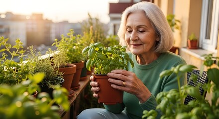 Senior Woman Enjoying the Aroma of Fresh Herbs on Her Balcony Garden at Sunset
