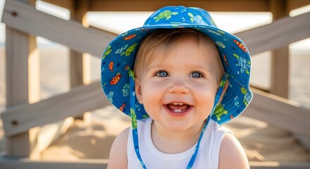 Smiling baby wearing a blue sun hat stands near a wooden structure on a sandy beach