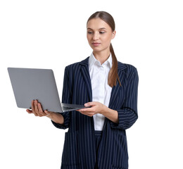 Portrait of businesswoman in stylish suit with laptop on white background