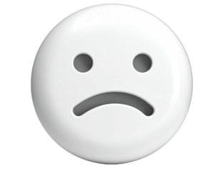 A glossy, white, spherical emoji with a downturned mouth and round eyes, looking sad