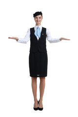 Young stewardess in uniform on white background