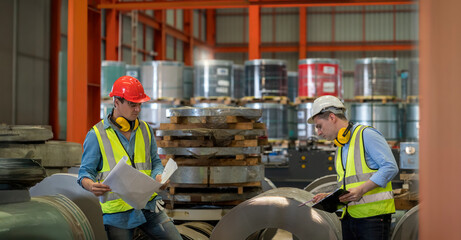 The worker in a steel sheet factory. Worker and rolls of metal sheets in the warehouse.