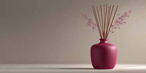 Deep pink aroma diffuser in matte glass jar with decorative sticks and copy space