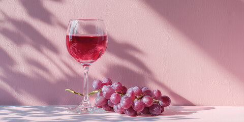 Burnished lilac grape juice in clear wine glass with fresh grapes on a soft pink background