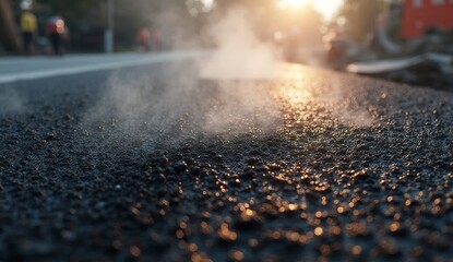 Close-up of fresh hot asphalt with rising steam, textured surface with stone chips, warm sunset light, blurred background with road construction machinery