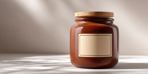 Rustic ceramic jar with burnt sienna terracotta candle and copy space for design purposes