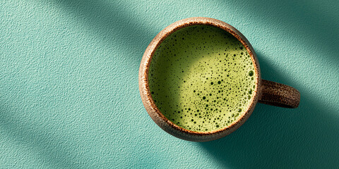 Ceramic cup filled with alexandrite green matcha latte on textured surface with copy space