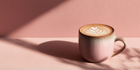 Ceramic mug with dusty rose latte art on pastel background with soft shadows and copy space