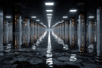 Futuristic flooded data center hall with reflecting light