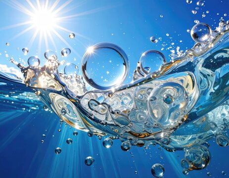 Sunlight Shines Through Clear Water With Many Bubbles.