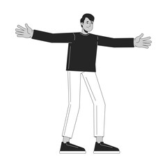 Unhappy indian man standing with open arms wide 2D line character. Uncertain behavior, concern. Guy hands outstretched protectively isolated vector ink outline person. Monochromatic spot illustration