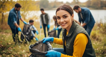 Community Volunteers Cleaning Up Lakeside Environment, Smiling Woman in Focus, Environmental Effort
