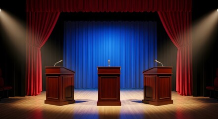 Debate Stage Ready for Political Discussions and Public Speaking Events with Lighting