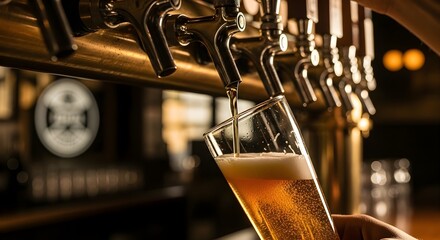 Golden Brew A Tap Dispensing Refreshing Beer into a Glass in a Lively Pub Setting