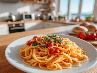 Pasta Dish on White Plate in Bright Kitchen Interior with Blurred Background and Sunlight