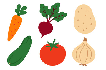 Collection of fresh organic vegetables including carrot beetroot potato zucchini tomato and onion on a clean white background