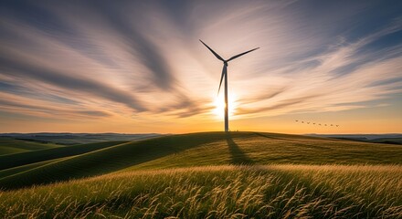 Obraz premium Wind turbine energy sunset renewable power alternative electricity generator landscape nature