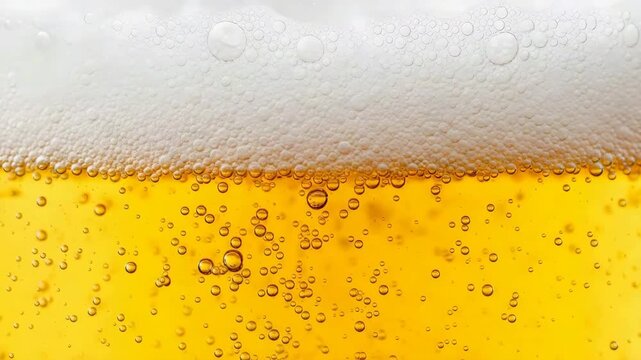 Close up view of golden bubbles in beer with white foam. Refreshing cold drink pattern. Beverage background