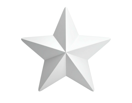 A white, five-pointed star with shaded facets, rendered against a black background