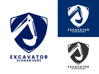 Excavator protections logo design. Hydraulic excavator with shield logo simple design vector template