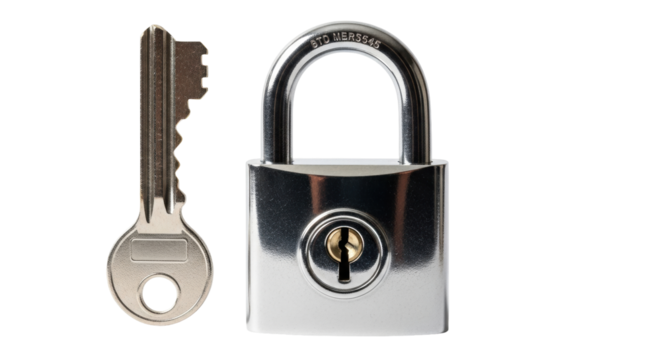 Isolated metal padlock and key for security concept, modern, safe, safety, secured, lockup