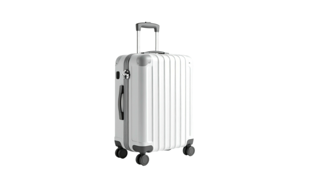 A sleek, white rolling suitcase with extended handle, set against a stark black background