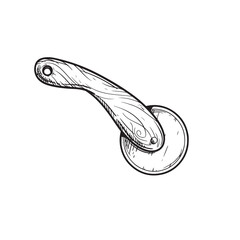 Hand drawn sketch style pizza cutter. A Pizza wheel knife with wooden handle. Vintage kitchen utensil. Best for pizza restaurant and delivery menu. Vector illustration.