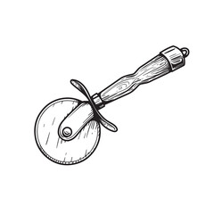 Hand drawn sketch style pizza cutter. A Pizza wheel knife with wooden handle. Vintage kitchen utensil. Best for pizza restaurant and delivery menu. Vector illustration.