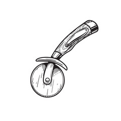 Hand drawn sketch style pizza cutter. A Pizza wheel knife with wooden handle. Vintage kitchen utensil. Best for pizza restaurant and delivery menu. Vector illustration.