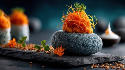 Intricate sushi creation with elegant vegetable garnish on stone