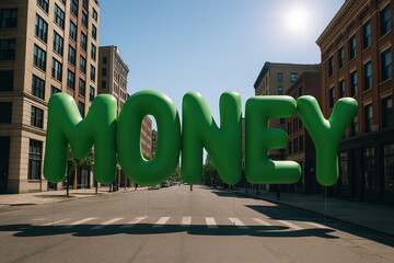 Oversized Green Balloons Spelling MONEY on a City Street with Business Center