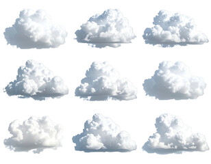 Twelve stylized, white clouds in various shapes and forms