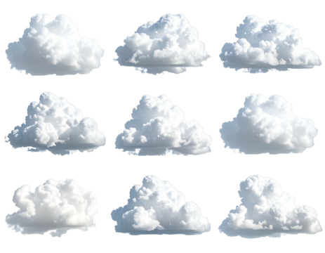 Twelve stylized, white clouds in various shapes and forms