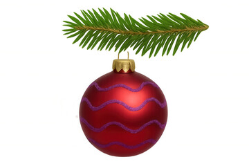 Christmas ornament hanging from a fir branch, red bauble with glitter waves, holiday decoration on transparent background