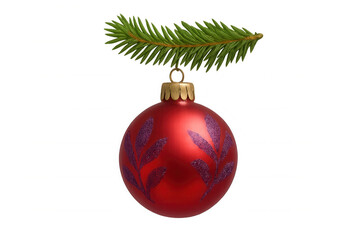 Red christmas ornament with glittering leaves hanging from a fir branch, festive holiday decoration element