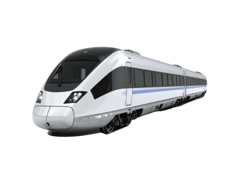 Sleek, modern high-speed train in white, with blue accents, gliding on unseen tracks