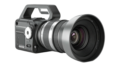 Sleek, professional video camera with large lens and built-in top handle