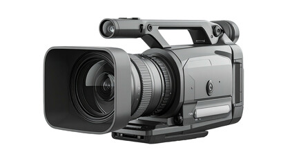 Gray, professional-grade video camera with large lens, handle, and viewfinder