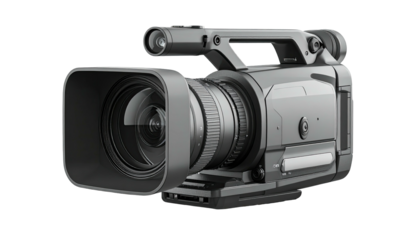 Gray, professional-grade video camera with large lens, handle, and viewfinder