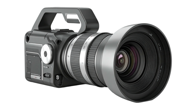 Sleek, professional video camera with large lens and built-in top handle