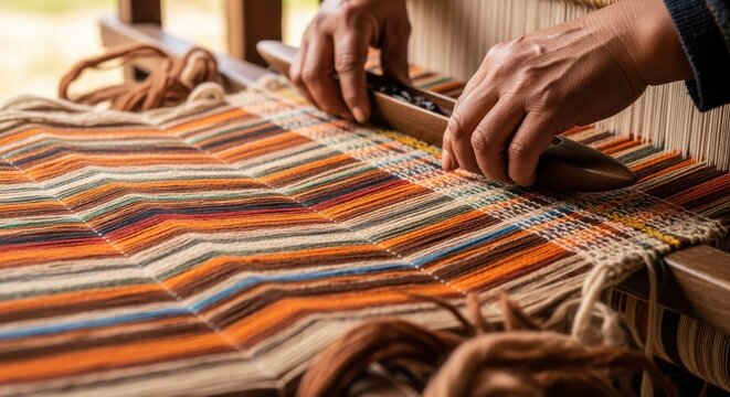 Hands weaving vibrant textile with traditional loom crafting artistry - Powered by Adobe