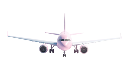 A frontal view of a pink airplane, poised for takeoff, set against a black background