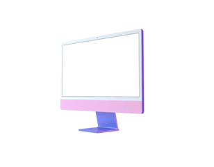 A rendered desktop computer in a pastel pink, purple and blue glow
