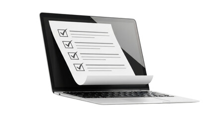 Isolated laptop showing an online checklist filled with black checkmarks in black and white
