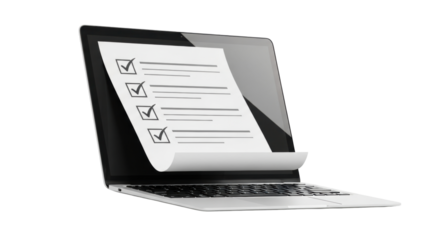 Isolated laptop showing an online checklist filled with black checkmarks in black and white