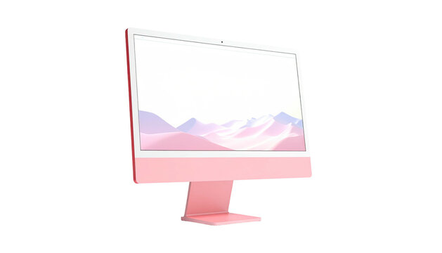 A pink all-in-one computer featuring a mountain landscape on the blank screen - Powered by Adobe