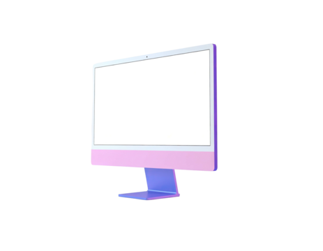 A rendered desktop computer in a pastel pink, purple and blue glow