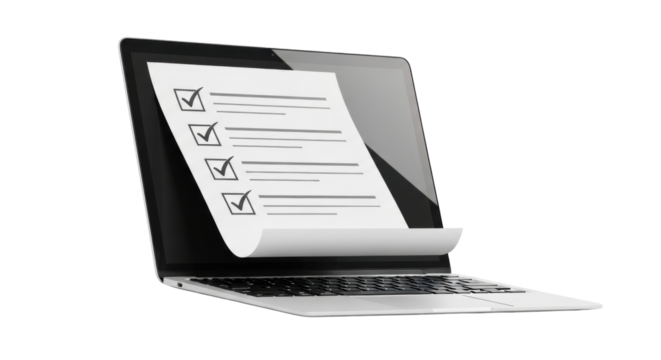 Isolated laptop showing an online checklist filled with black checkmarks in black and white